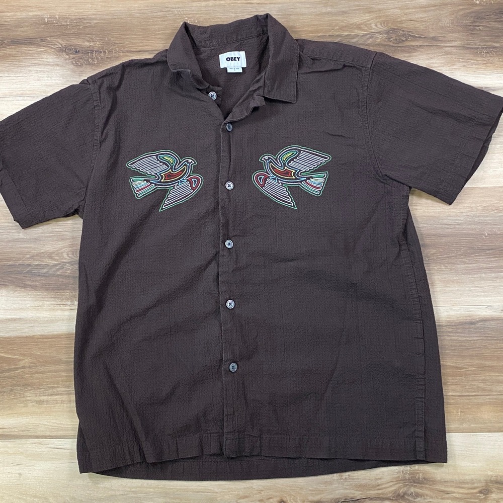 Obey Western Shirt Mens S Streetwear Seersucker Bird Embroidered Brown Casual